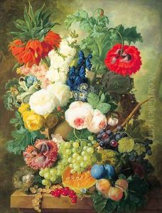 Roses, poppies, a crown imperial lily and other flowers in a terracotta vase, with grapes, plums, a melon and a birds' nest on a stone ledge