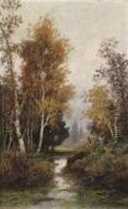 Autumn Mood Over A Brook Landscape With Human And Animal Figures by Adolf Kaufmann