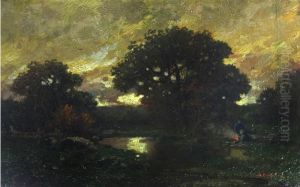 Abendliche Landschaft Mit Weiher Vor Baumgruppe Mit Personen Am Feuer by Adolf Kaufmann
