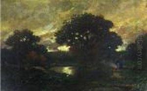 Abendliche Landschaft Mit Weiher Vorbaumgruppe Mit Personen Am Feuer by Adolf Kaufmann