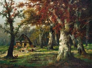 Herbstlicher Buchenwald Mit Huhnerhof by Adolf Kaufmann