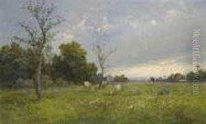 Hirtin Mit Kuhen In Weiter Sommerlandschaft