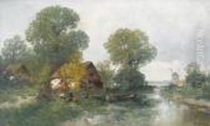 Flusspartie Mit Huhnern, Bauernhausern Und Windmuhle.