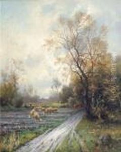 Schafer Mit Grasender Herde by Adolf Kaufmann