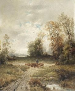 Hirte Mit Schafherde Auf Dem Heimweg In Flacher Seenlandschaft