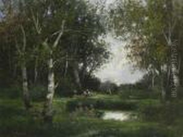 Rastende Reisigsammlerin Am Teich In Baumlandschaft. - view 1