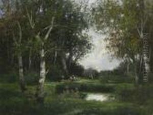Rastende Reisigsammlerin Am Teich In Baumlandschaft. by Adolf Kaufmann