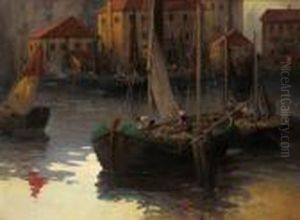 Quiet Evening In The Harbor Of Volosca by Adolf Kaufmann