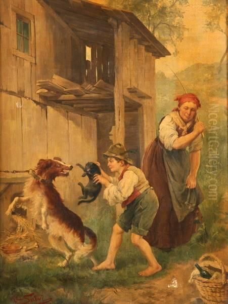 Genre Scene Of Woman And Child With Cat And Dog, - view 1