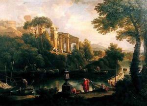 Landscape with figures by a pool with ruins in the background by Jan Frans Van Bloemen (Orizzonte)