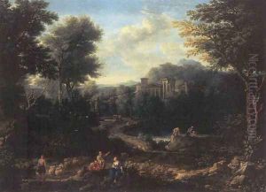 An arcadian landscape with herdsmen on a path and peasants fishing on a pond by Jan Frans Van Bloemen (Orizzonte)