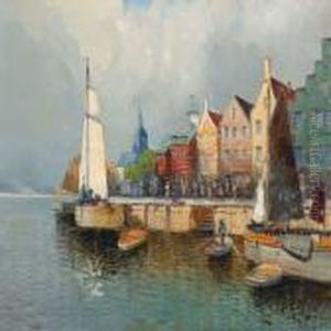 Dutch City With Canal And Boats by Karl Kaufmann