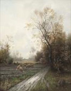 Schaferin Mit Herde Auf Dem Acker by Karl Kaufmann
