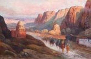 Orientalische Reiter In Einer Felsenschlucht Bei Einer Moschee by Karl Kaufmann