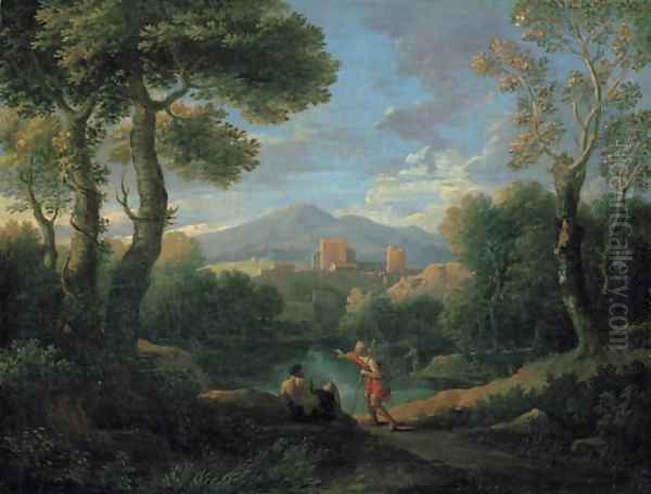 A classical landscape with two shepherds by a lake, a village beyond - view 1
