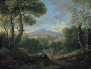 A classical landscape with two shepherds by a lake, a village beyond by Jan Frans Van Bloemen (Orizzonte)