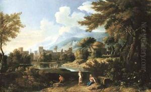 An Roman landscape with peasants resting by a lake with the church of San Andrea Vignola