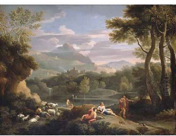 An Italianate mountainous landscape with herdsmen resting by a path and a man and a woman by a river - view 1