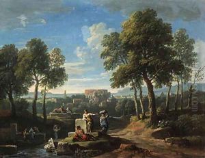 A classical landscape with figures by ruins