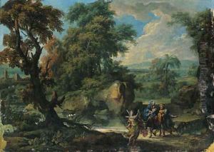 A wooded river landscape with the Flight into Egypt by Jan Frans Van Bloemen (Orizzonte)