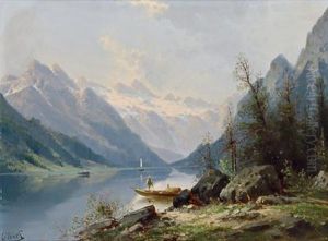 Ein Alpensee Mit Fischer