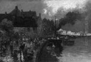 Schwartz, Karl "fischmarkt Am Hafen ". Sign. Ol Auf Lwd. 53 X 79 Cm. Rahmen by Karl Kaufmann