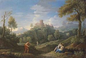 An extensive mountainous landscape with figures on a path, a castle beyond