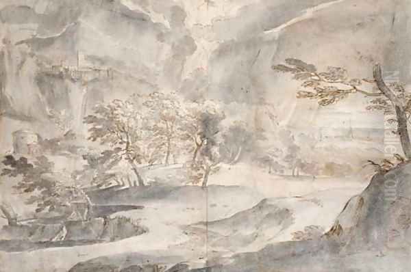Paysage avec des arbres, un village et une montagne à l'arriere-plan - view 1
