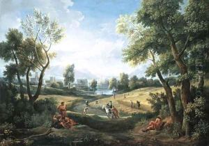 An extensive river landscape with peasants during the harvest, a lakeside town beyond