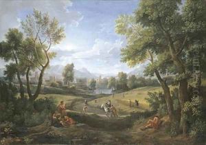 An extensive river landscape with peasants during the harvest, a lakeside town beyond 2