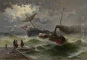 Schaufelraddampfer Und Fischerboot Auf Bewegter See Vor Hafeneinfahrt by Karl Kaufmann