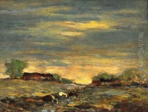 Cattle With Farm Buildings In A Landscape With Woodland by Archibald Kay