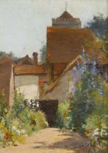 -cottage Garden With Church by Archibald Kay