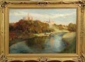 Boating Parties On The River Below Warkworth Castle, Northumberland by James Kay