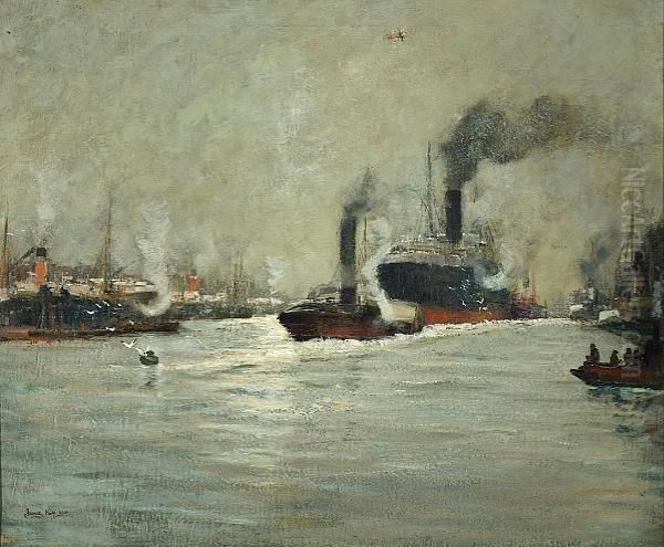 A Busy Harbor Scene With An Ocean Liner And Tugboat - view 1