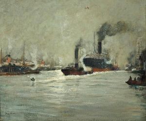 A Busy Harbor Scene With An Ocean Liner And Tugboat