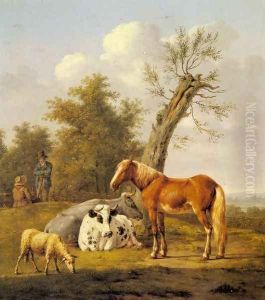 Cows, a Horse and a Sheep Resting by a Blasted Oak