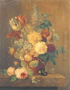 Parrot tulips, roses, morning glory, narcissi and other flowers in a terracotta pot on a marble ledge