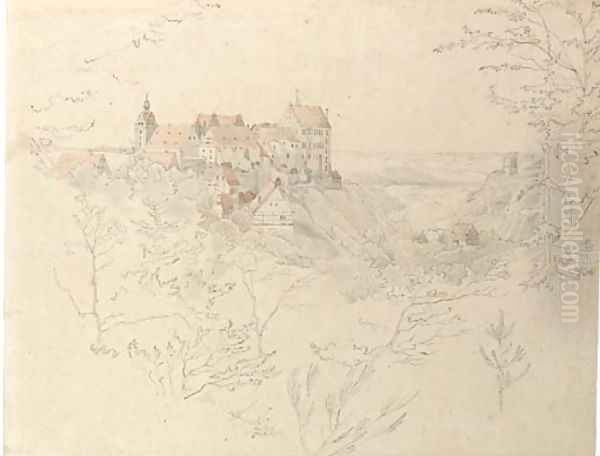 Schloss Colditz, Saxony, seen through trees - view 1