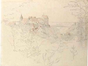 Schloss Colditz, Saxony, seen through trees by Ernst Ferdinand Oehme