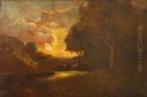 Cattle Watering At Twilight Amidst Oaks by William Keith