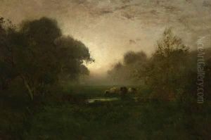 Cows Watering In A Barbizon Landscape by William Keith