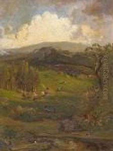 Cattle Grazing Among Rolling Hills And Cloudy Skies by William Keith
