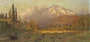 Cabin Hideaway Near A Sunlit 
Clearing With A Mountain In The Distance, Thought To Be Mt. Shasta