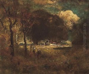 Two Figures In A Forest Clearing With A Sunlit Farm