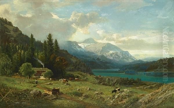 Cattle, Shepherdess And Cabin In An Alpine Landscape - view 1