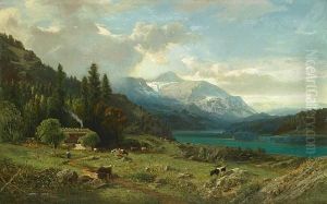 Cattle, Shepherdess And Cabin In An Alpine Landscape