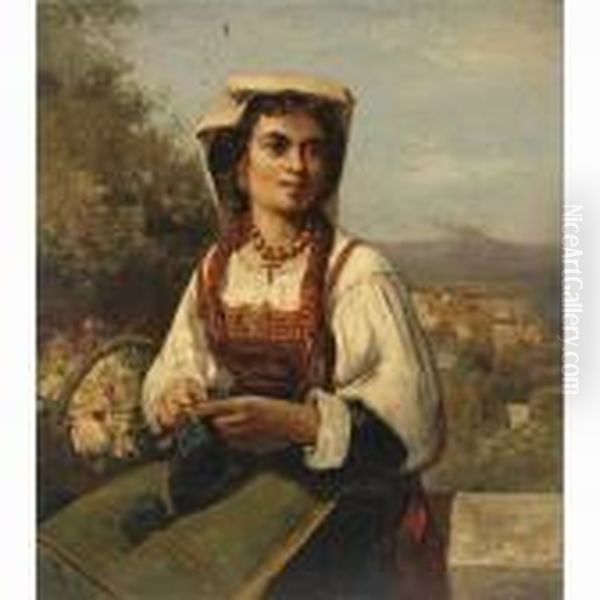 An Italian Woman Knitting With A Smoking Volcano In The Distance - view 1