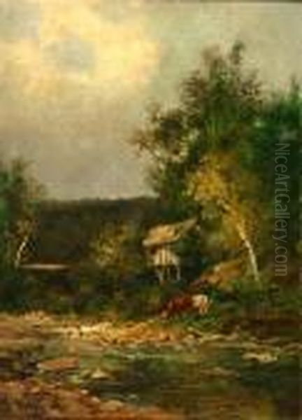 River Landscape With Covered Bridge - view 1