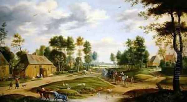 Landscape with a wagon and travellers passing through a village - view 1